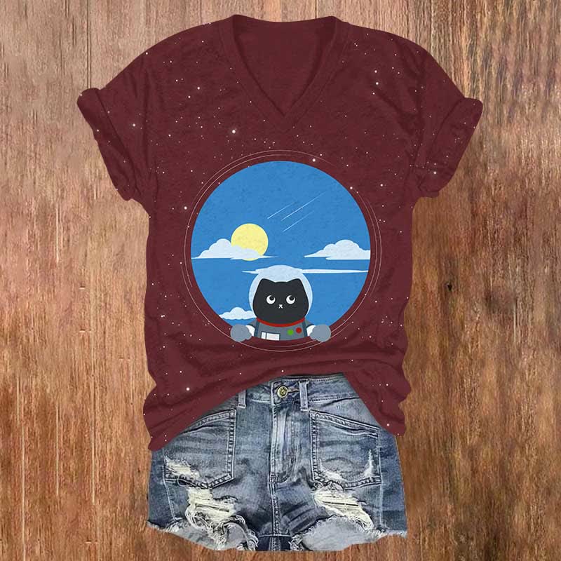 Curious Astronaut Cat Watching The Sky Print V-neck T-shirt - Wine - US32-34(5XL) - image 8