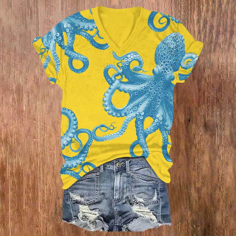 Japanese Vintage Vivid Octopus Art Print V-neck T-shirt - Yellow - US32-34(5XL) - image 4
