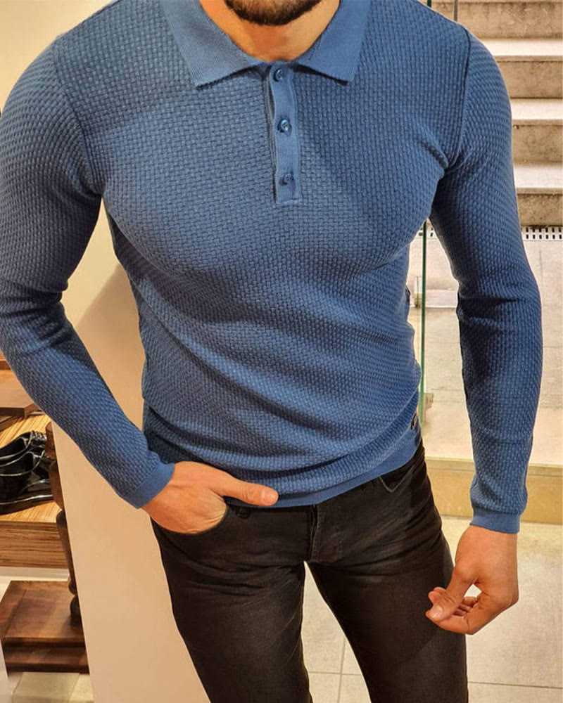 Men's Solid Color Waffle Long Sleeve Polo Shirt - image 11