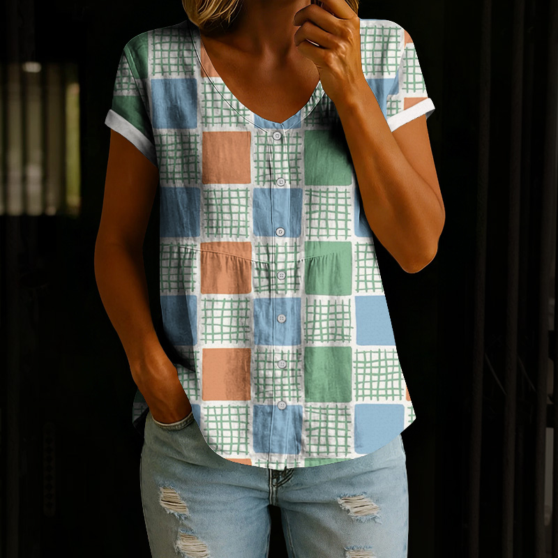 Multi-colored Patchwork Plaid Print Button V-neck A-line Short-sleeve Blouse - Green - 4XL - image 1