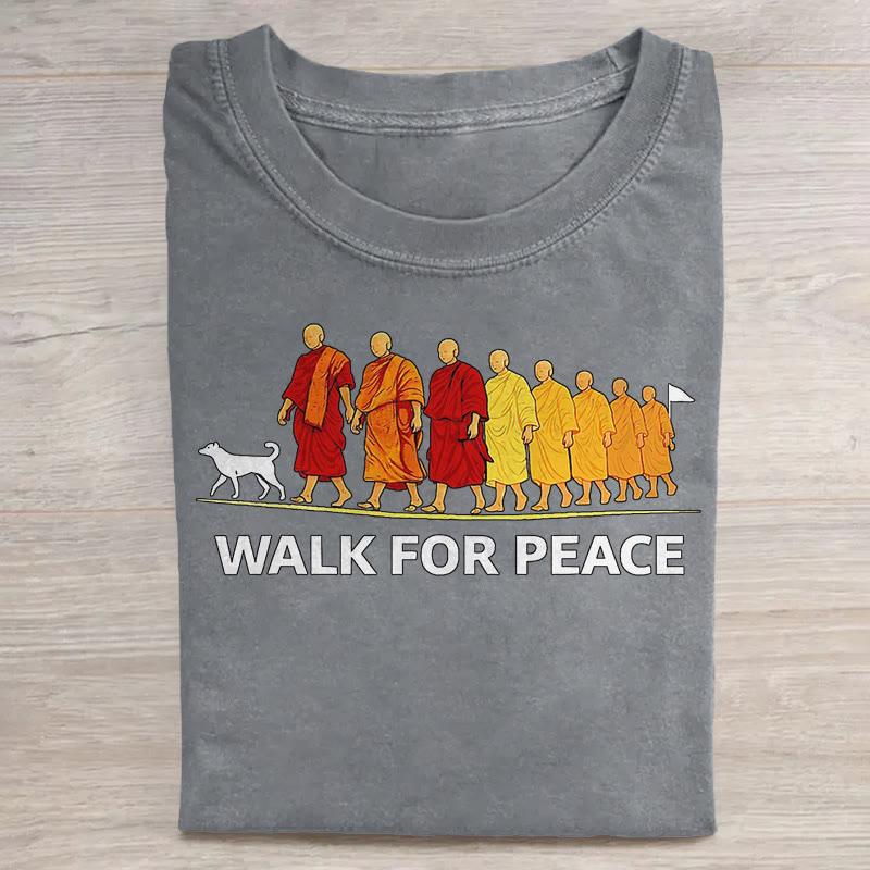 unisex Walk for Peace Monk Pattern Art Print Acid Washed T-shirt - Grey - US20-22(3XL) - image 3