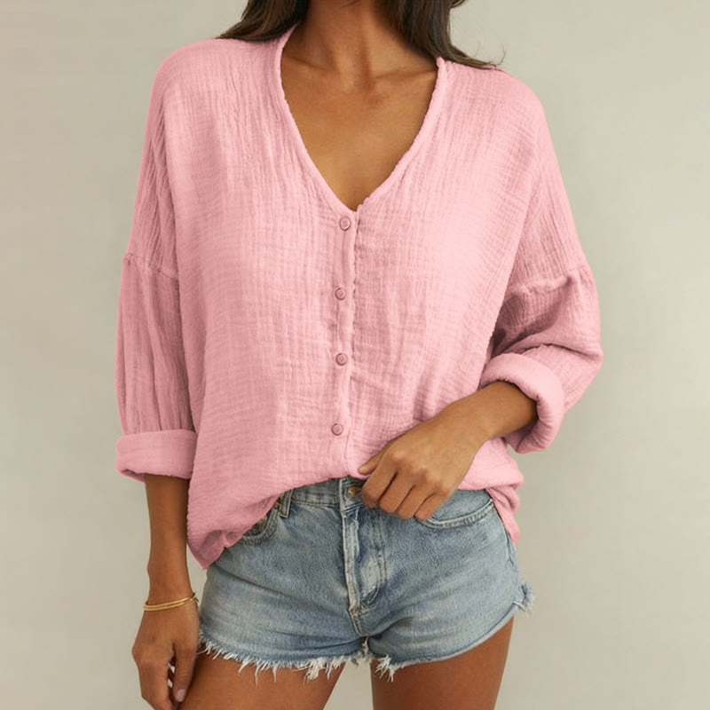 Solid Casual V-neck Long Sleeve Blouse - Pink - 3XL - image 4