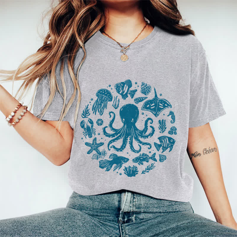 100% Cotton Japanese Cartoon Ocean Animals Art T-shirt - Grey - 2XL - image 8