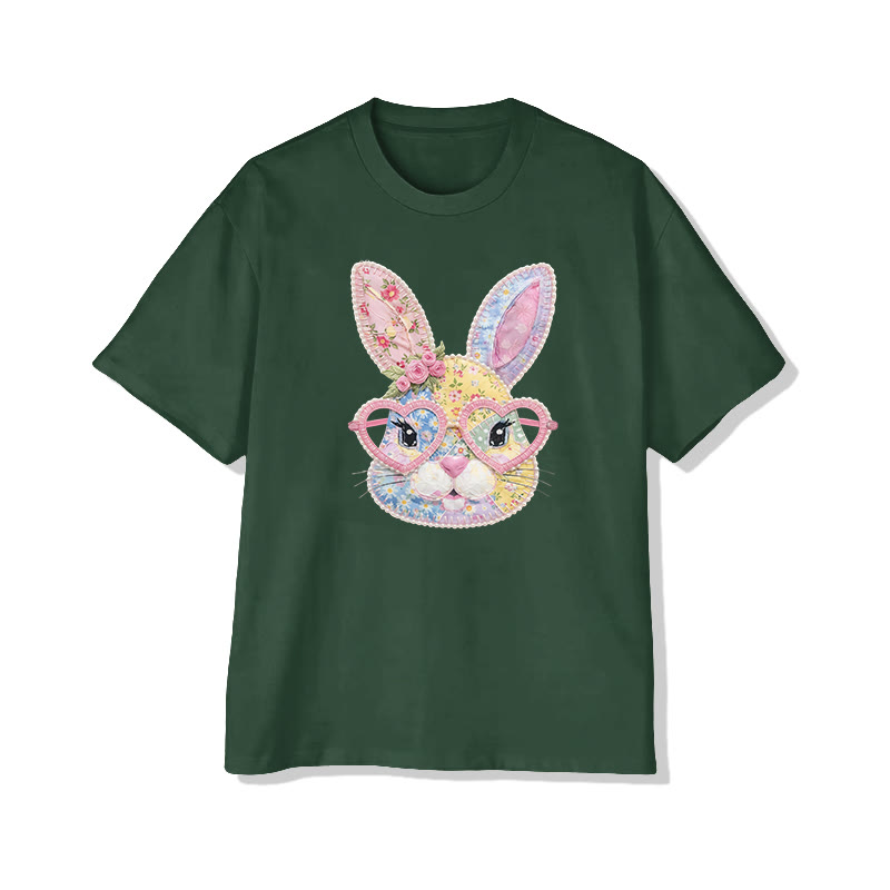 Easter Glasses Bunny Garden Flowers Print Pattern Cotton Print T-shirt - Green - US16-18(2XL) - image 12