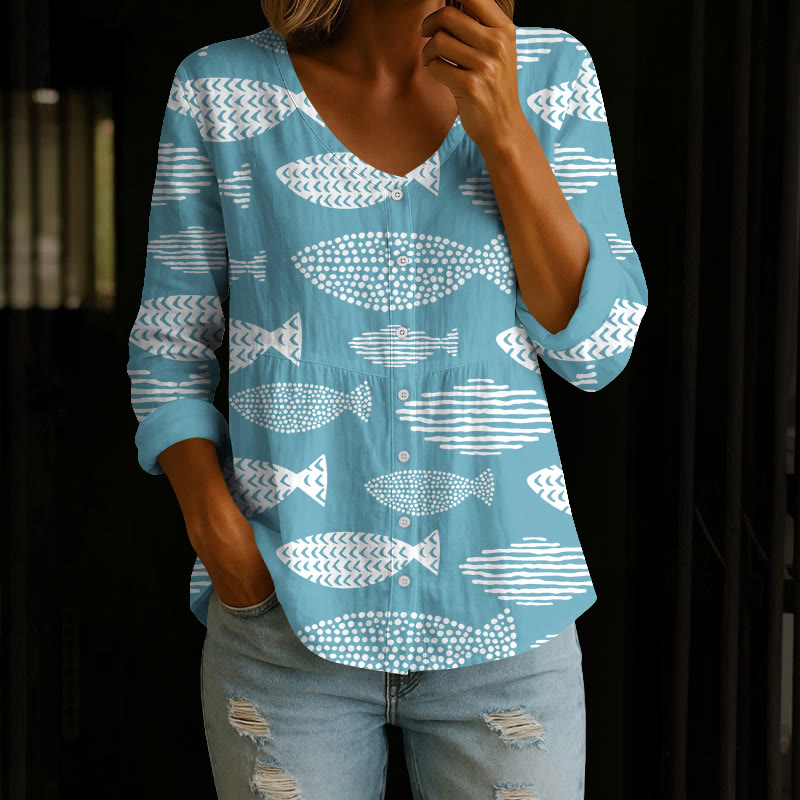 Minimalist Geometric Fish Print Button V-neck A-line Long Sleeve Blouse - Light Blue - 4XL - image 4