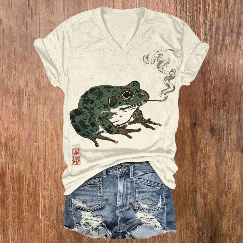 Artistic Frog Illustration Print Short Sleeved V-neck T-shirt - Beige - US32-34(5XL) - image 1