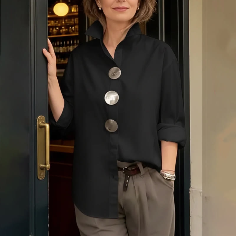 Elegant Solid Oversized Metal Buttons Long-sleeve Blouse - Black - 3XL - image 6