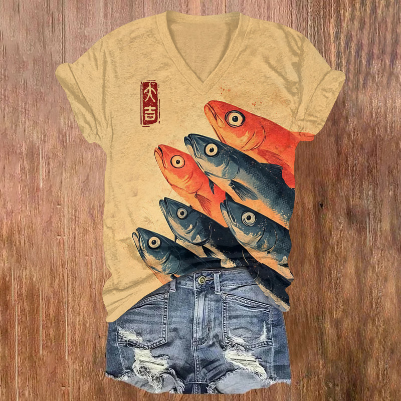 Japanese Funny Sardines Print Short Sleeved V-neck T-shirt - Orange - US32-34(5XL) - image 1