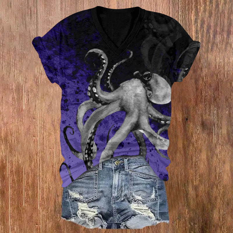 Ink Octopus Gradient Pattern Print Short Sleeved V-neck T-shirt - Purple - US32-34(5XL) - image 3