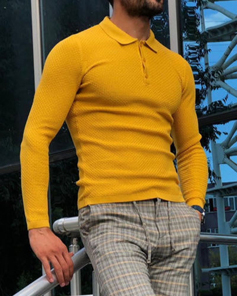 Men's Solid Color Waffle Long Sleeve Polo Shirt - image 10