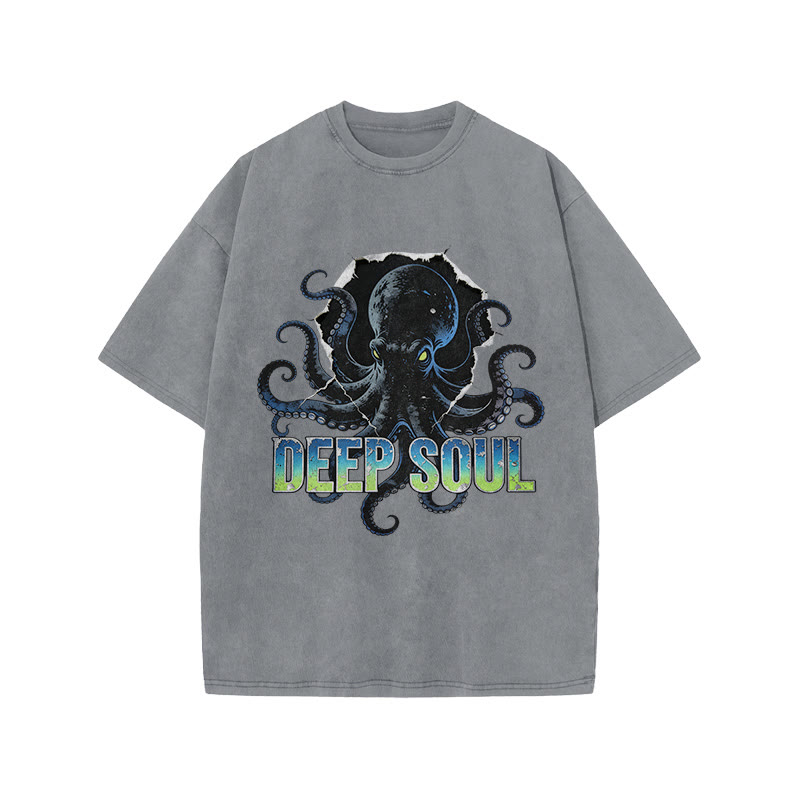 Deep Soul Black Octopus Print Acid Washed T-shirt - Grey - US20-22(3XL) - image 5