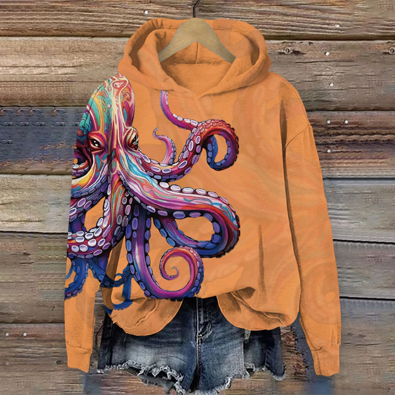 Retro Colorful Striped Octopus Art Print Long Sleeve Hoodie - Orange - US44-46(8XL) - image 6