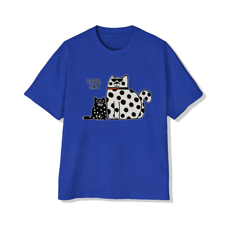 Vintage Cozy Polka Dot Kitten Print Pattern Cotton Print T-shirt - Royal Blue - US16-18(2XL) - image 8