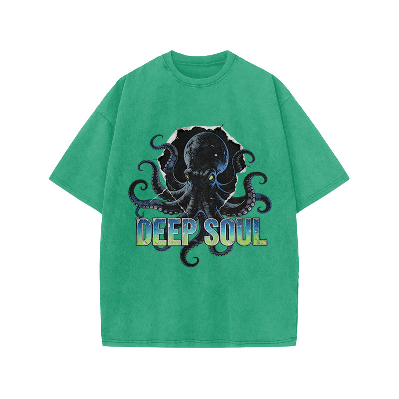 Deep Soul Black Octopus Print Acid Washed T-shirt - Green - US20-22(3XL) - image 7