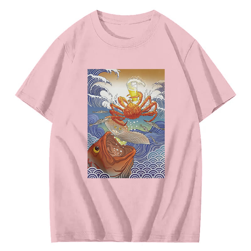 Ukiyo-E Seafood And Beer  Print Short Sleeved Crew Neck T-Shirt - Pink - 2XL - image 4