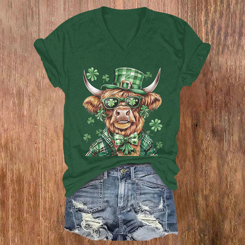 St. Patrick's Day Highland Cattle Print Short Sleeved V-Neck T-Shirt - Dark Green - US32-34(5XL) - image 4