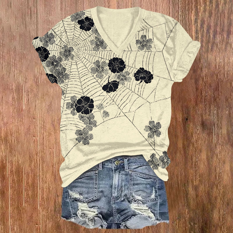 Japanese Sakura Spider Web Pattern Print Short Sleeved V-neck T-shirt - Apricot - US32-34(5XL) - image 3