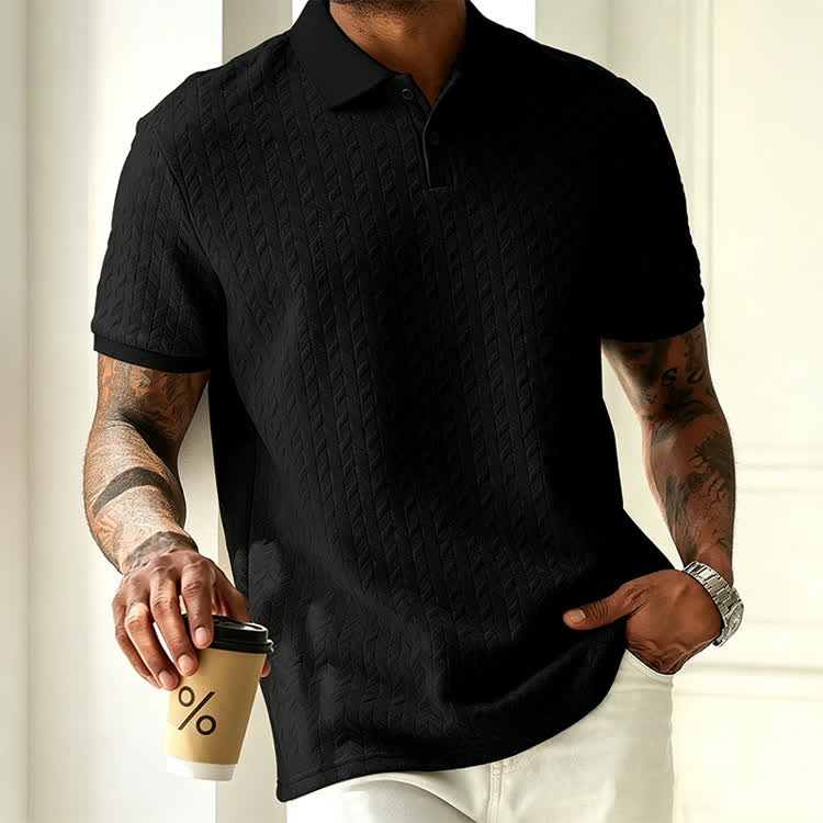 Cozy Solid Classic Texture Short-sleeve Button Polo Shirt - Black - 3XL - image 6