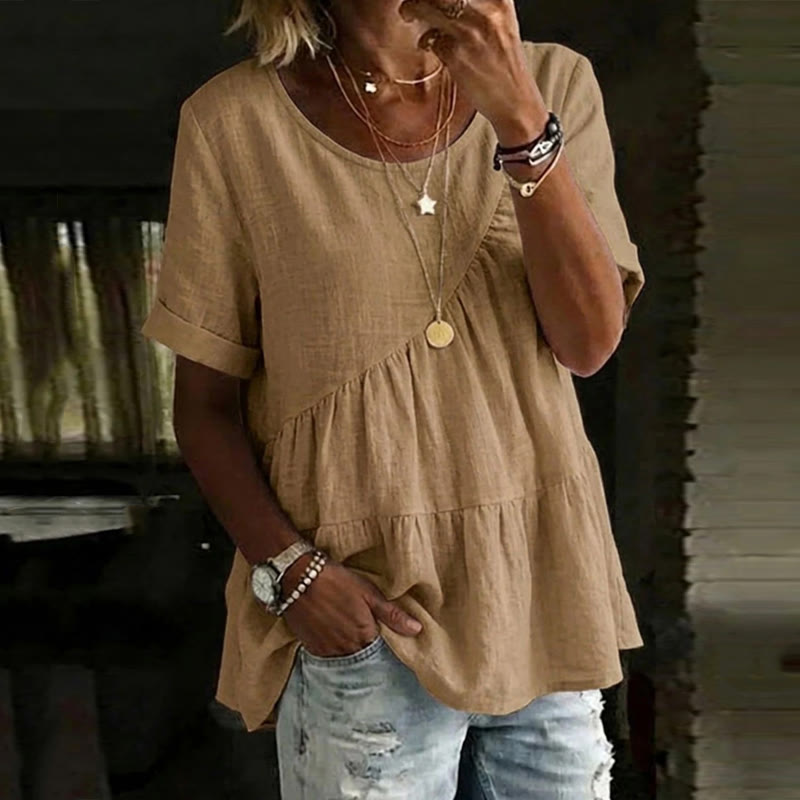 Elegant Solid Round Neck Short-sleeve Asymmetrical Ruffle Hem Blouse - Khaki - 3XL - image 6