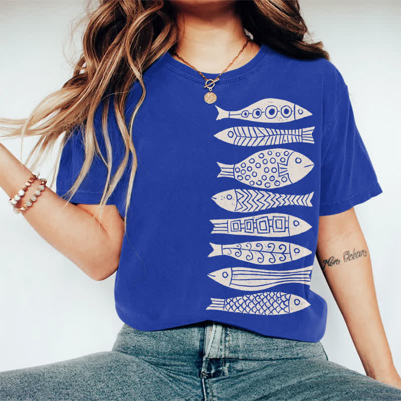 100% Cotton Fish Japanese Lino Art Print Casual T-shirt - Royal Blue - 2XL - image 3