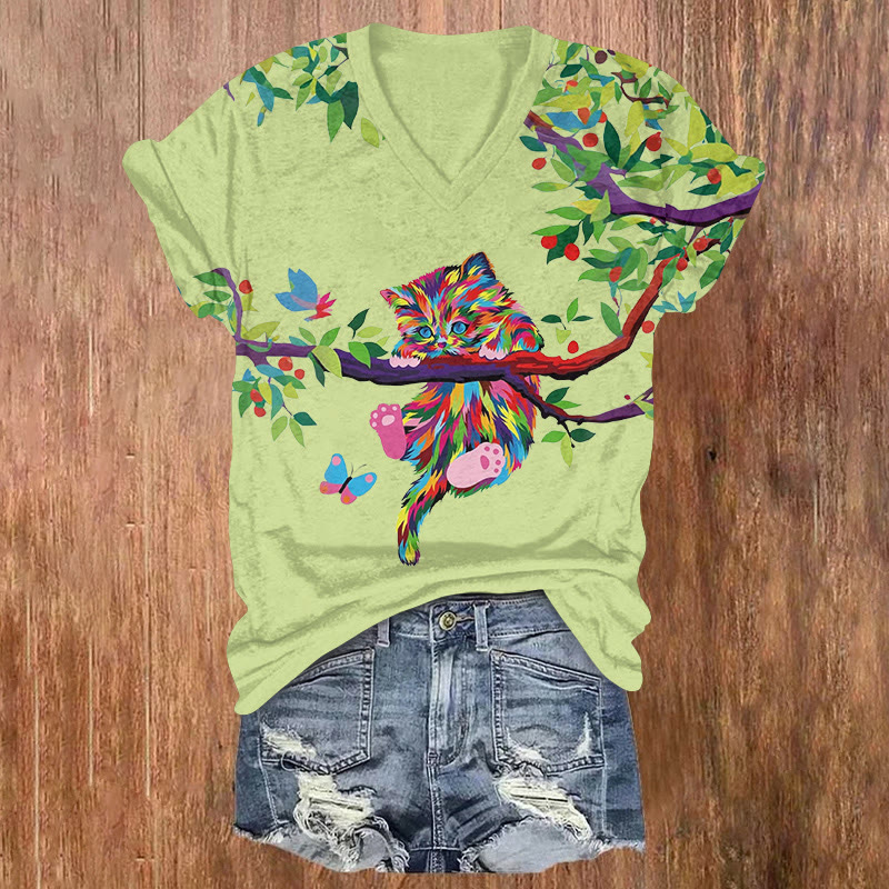 Rainbow-graffiti Kitten Pattern Print Short Sleeved V-neck T-shirt - Green - US32-34(5XL) - image 3