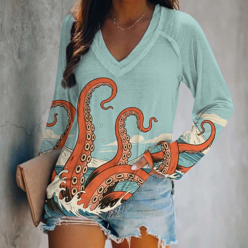 Japanese Cartoon Ocean Octopus Tentacles Art Print Long Sleeve T-shirt - Light Blue - 5XL - image 3