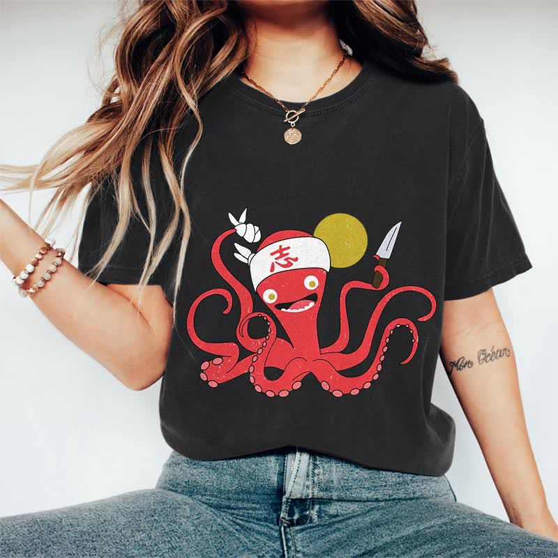 100% Cotton Japanese Funny Octopus Chef Art T-shirt - Black - 2XL - image 5