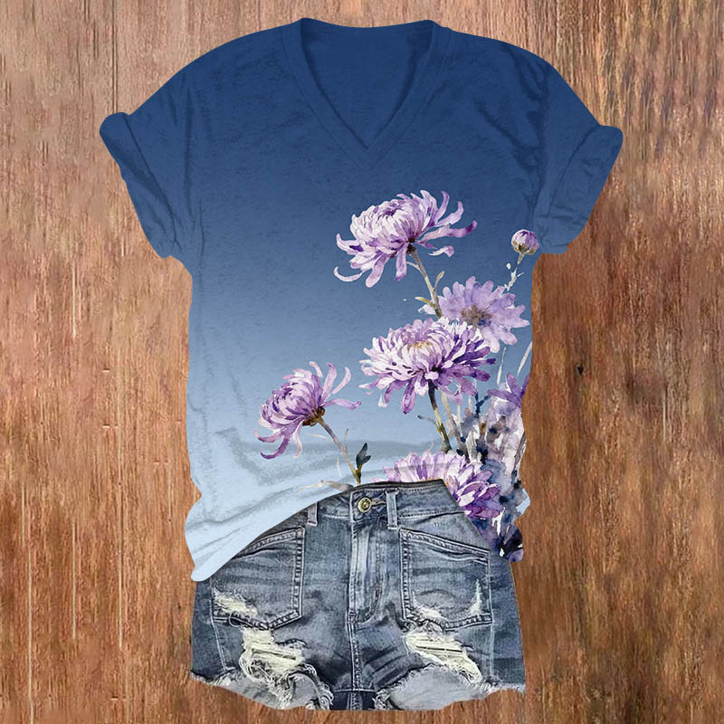 Watercolor Purple Chrysanthemum Print V-neck T-shirt - Blue - US32-34(5XL) - image 3