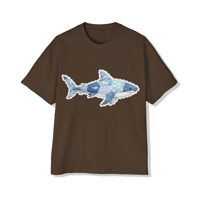 Ocean Shark Art Lace pattern Print Pattern Cotton Print T-Shirt - Coffee - US16-18(2XL) - image 6