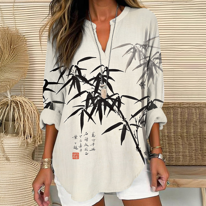 Retro Ink Watercolor Bamboo Leaf Art Print V Neck Long Sleeve Blouse - Beige - 8XL - image 1