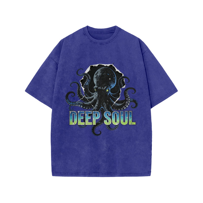Deep Soul Black Octopus Print Acid Washed T-shirt - Blue - US20-22(3XL) - image 8