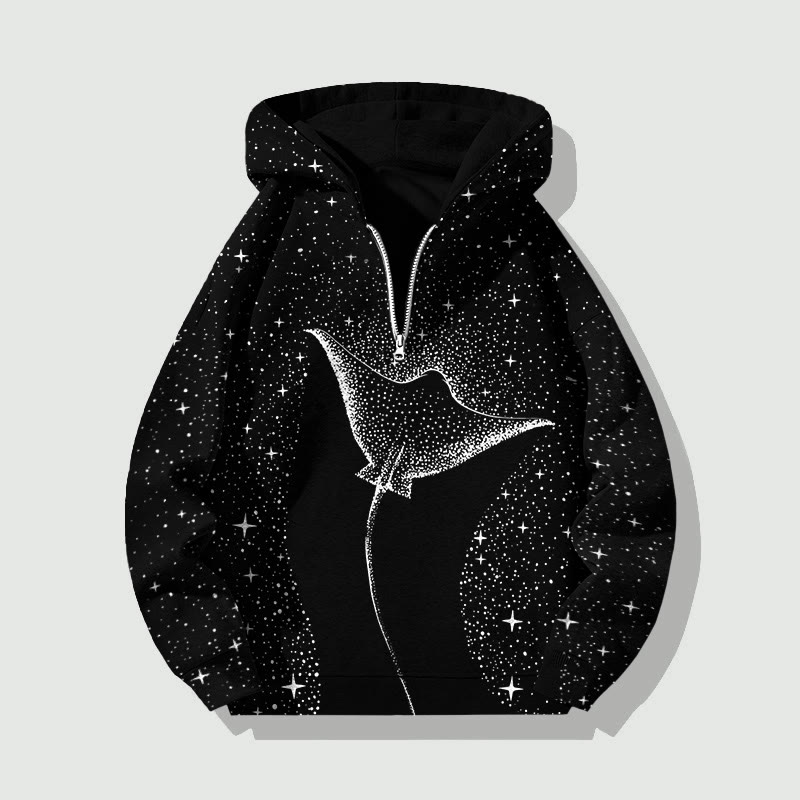 Unisex Starry Spotted Eagle Rays Half Zip Hoodie - Black - US32-34(5XL) - image 3