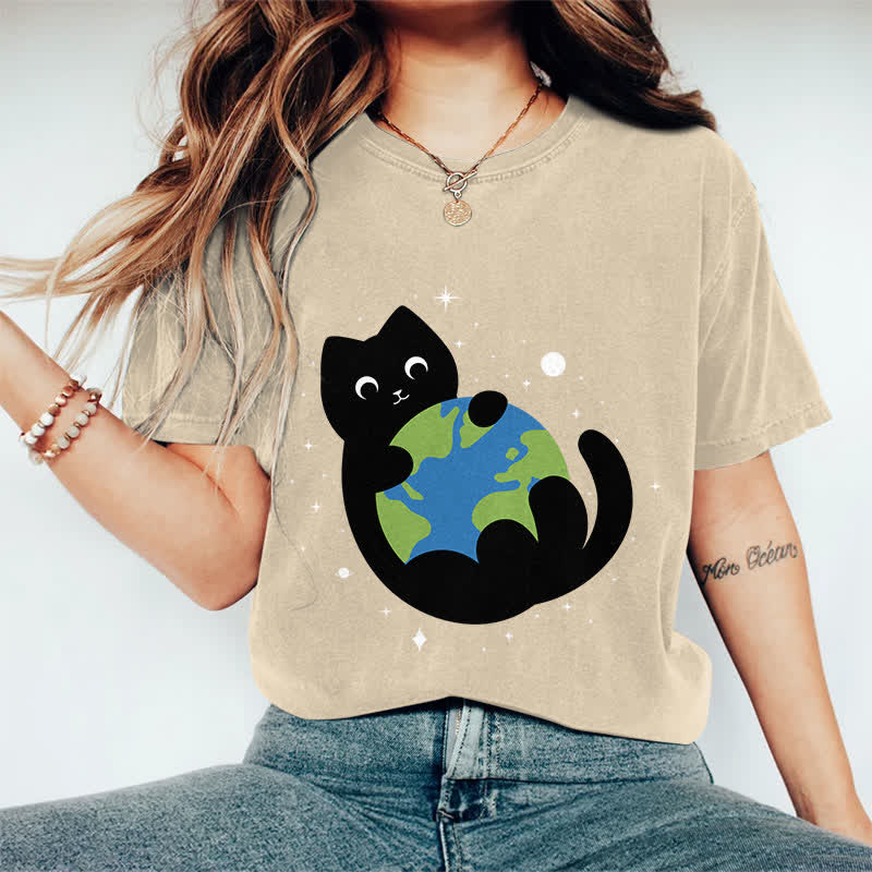 100% Cotton Funny Cat Holding The Earth Art Print T-shirt - Khaki - 2XL - image 13