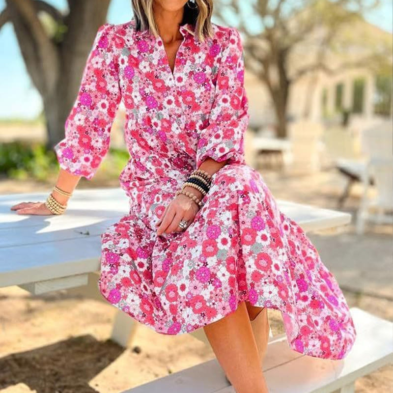 Boho Wildflower Print Shirt  V-neck Lantern Sleeves Mid Dress - Rose - XXL - image 5