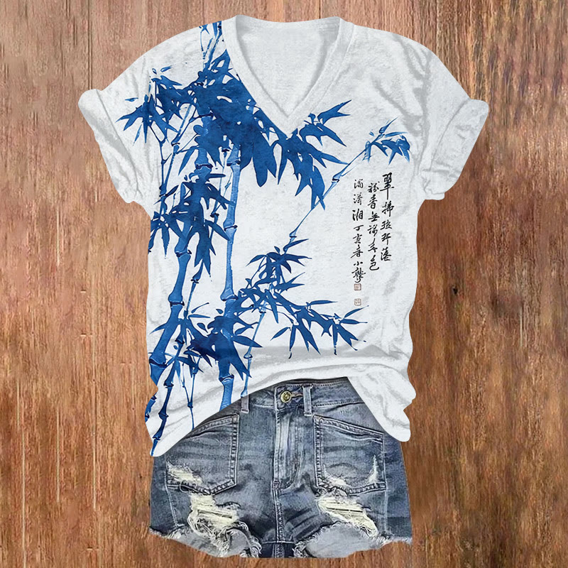 Vintage Zen-inspired Bamboo Ink Painting Pattern Print Short Sleeved V-neck T-shirt - Blue - US32-34(5XL) - image 3