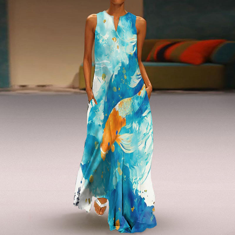 Koi Fish Watercolor Print Sleeveless Maxi Dress