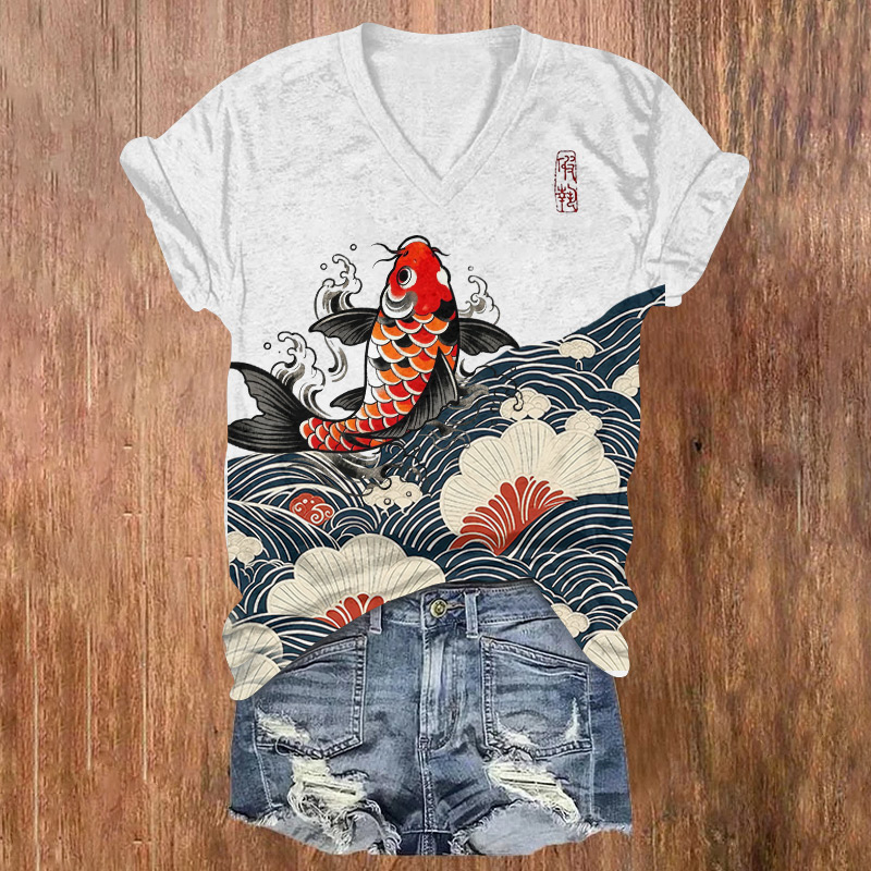 Japanese Waves And Fish Printed Short Sleeved V-neck T-shirt - Light Gray - US32-34(5XL) - image 1
