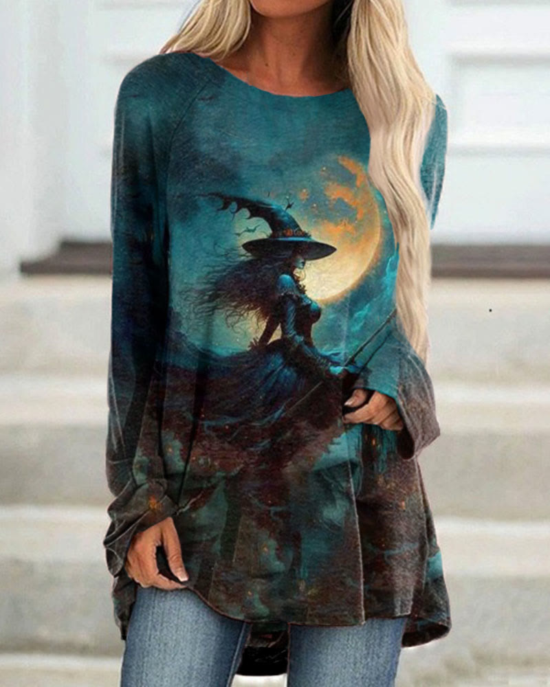 Women's Halloween Witch Print Long Sleeved Tunic