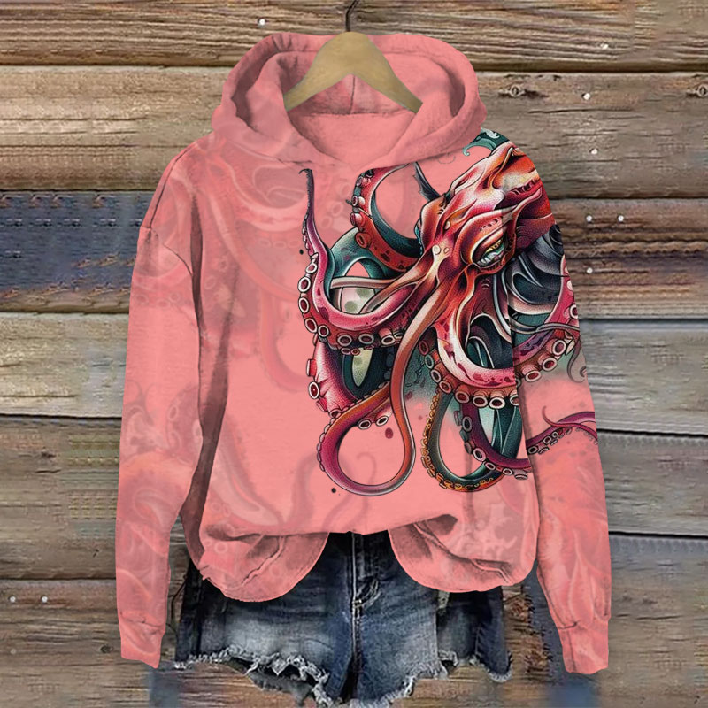 Japanese Vintage Octopus Print Long Sleeve Hoodie - Pink - US44-46(8XL) - image 3