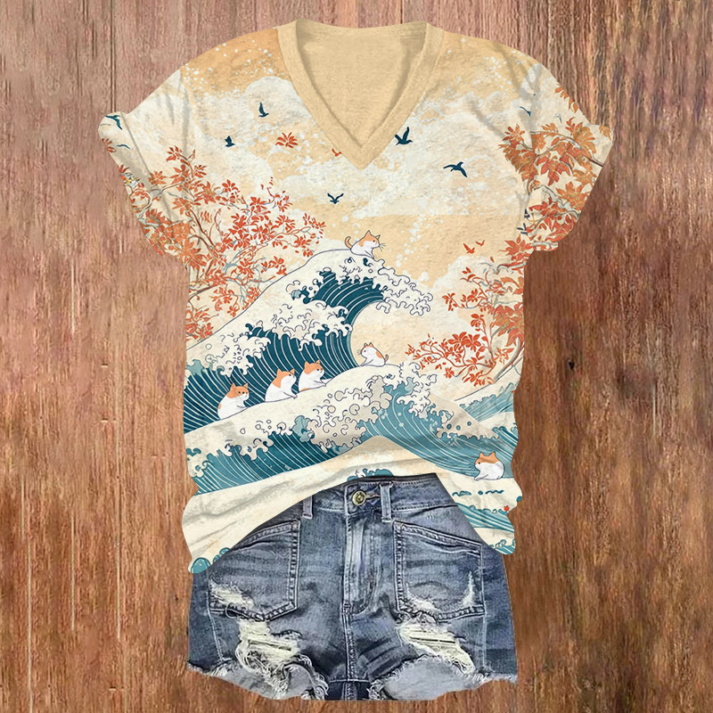 Creative Ocean Wave & Cats Print Short Sleeved V-neck T-shirt - Orange - US32-34(5XL) - image 1