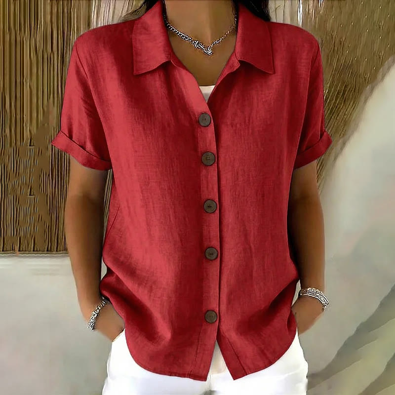 Elegant Solid Collared Button-up Short-sleeve Blouse - Red - 3XL - image 8