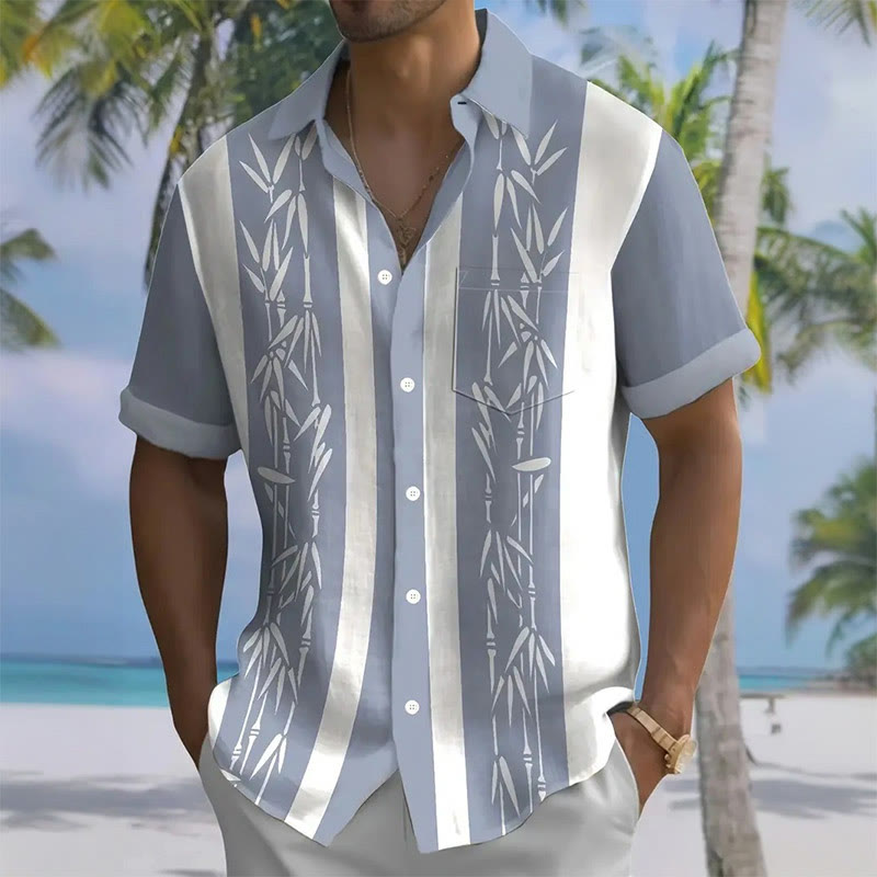 Men's Bamboo Print Hawaiian Short Sleeve Lapel Shirt - Blue - 5XL - image 3