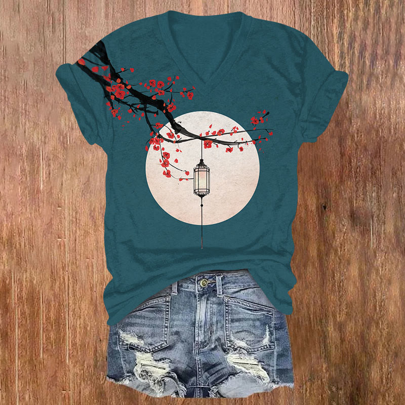 Japanese Ink Painting Plum Blossom Lantern Print V-neck T-shirt - Dark Green - US32-34(5XL) - image 3