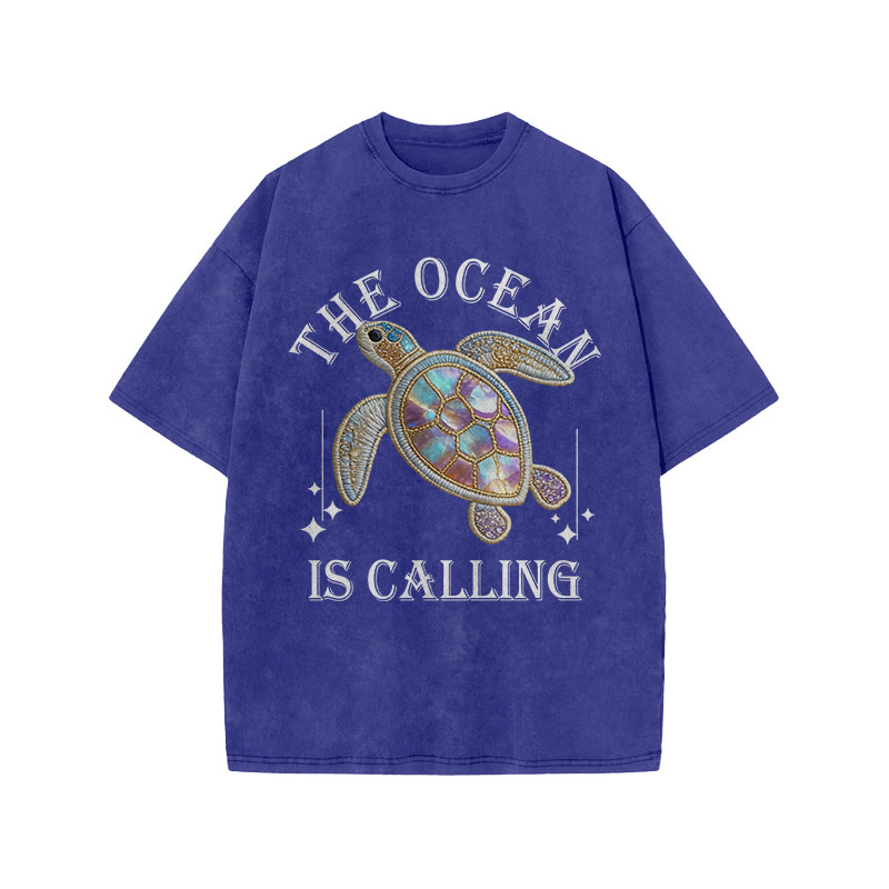 The Ocean Is Calling Sea Turtle Print Acid Washed T-shirt - Blue - US20-22(3XL) - image 8