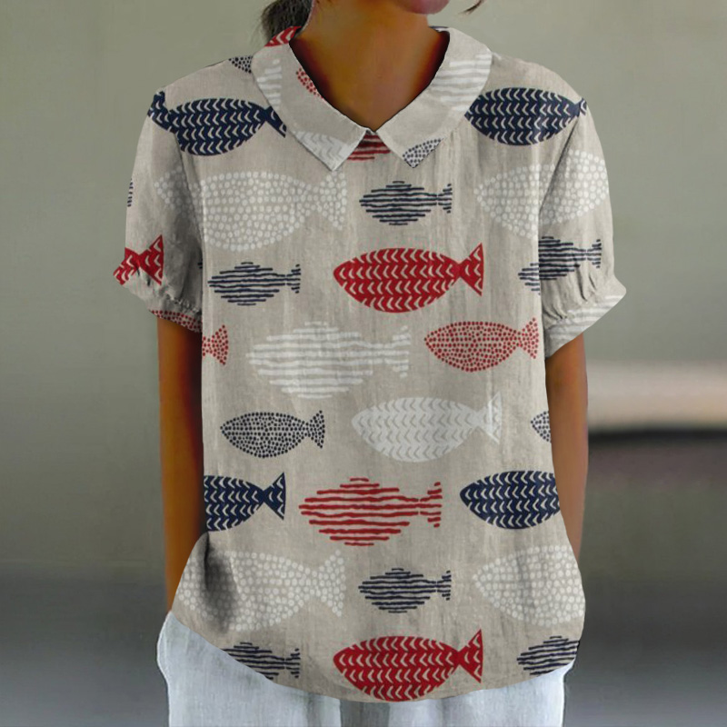 Japanese Cartoon Fish Pattern Print Casual Lapel Loose Blouse - Light Gray - 6XL - image 1