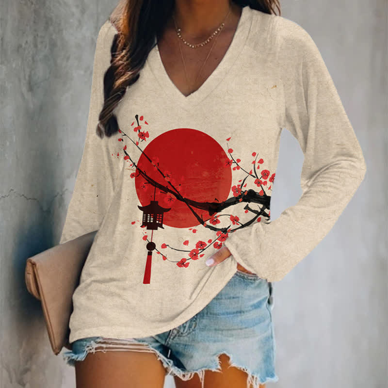 Japanese Sun & Lantern On Plum Blossom Art Print Long Sleeve T-shirt - Apricot - 5XL - image 3