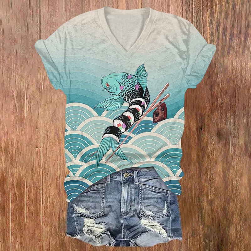 Subtle Japanese-style Waves And Fish Printed Short Sleeved V-neck T-shirt - Light Blue - US32-34(5XL) - image 1