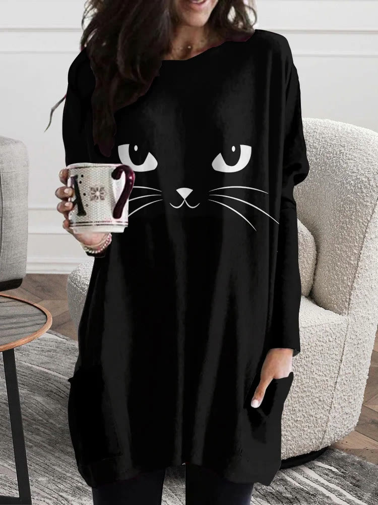 Cat Face Graphic Loose Fit Tunic 