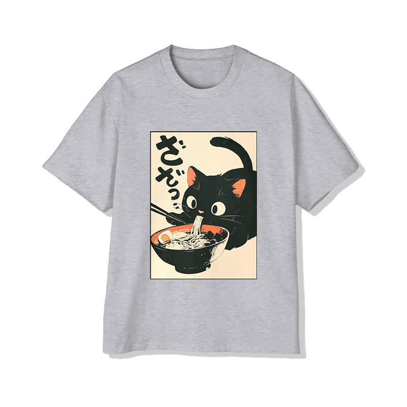 Unisex Japanese Cat Eating Ramen Print Short Sleeved Crew Neck T-shirt - Grey - 2XL - image 4