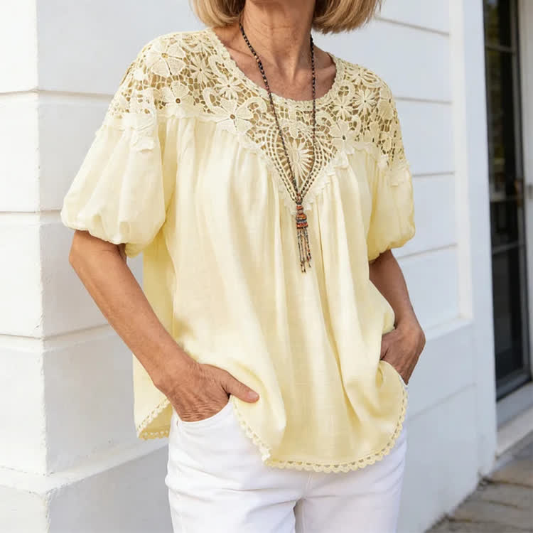 Boho Openwork Lace Trim Round-neck Puff-sleeve Blouse - Yellow - 2XL - image 4